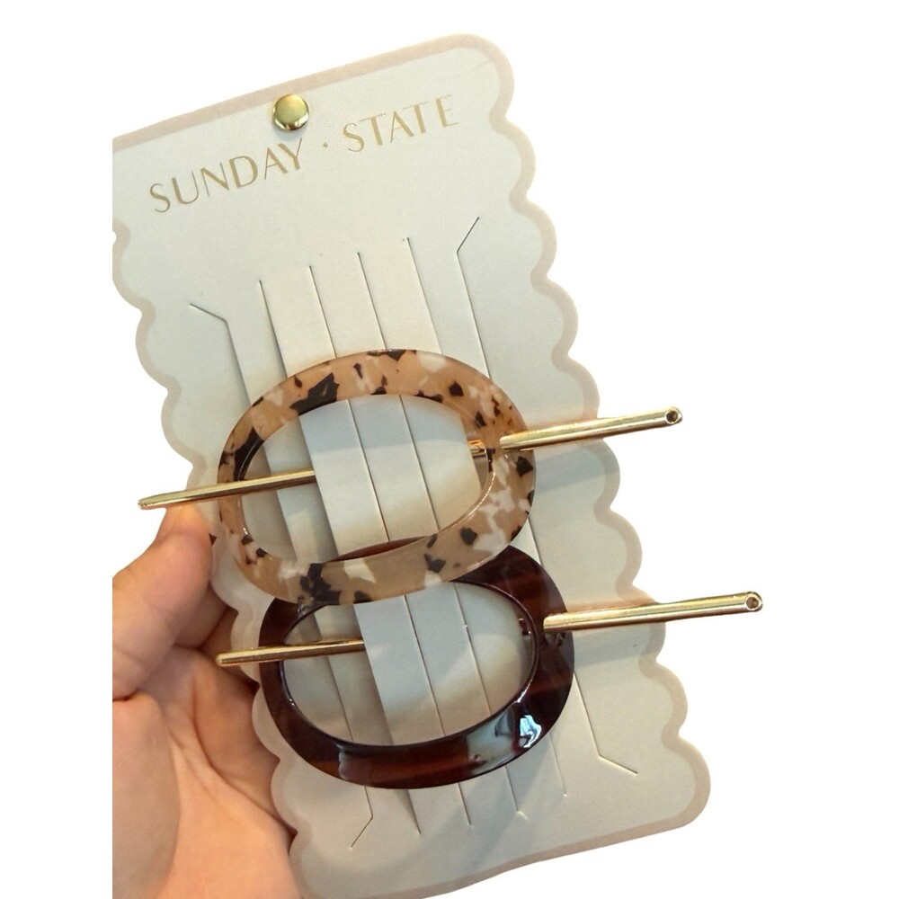 NWT Sunday State Tortoise Acetate Hair Clip Set of 2 Gold Hardware